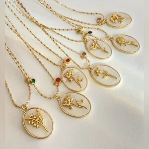 Birth Flower Necklace in  Oval White Shell Pendant